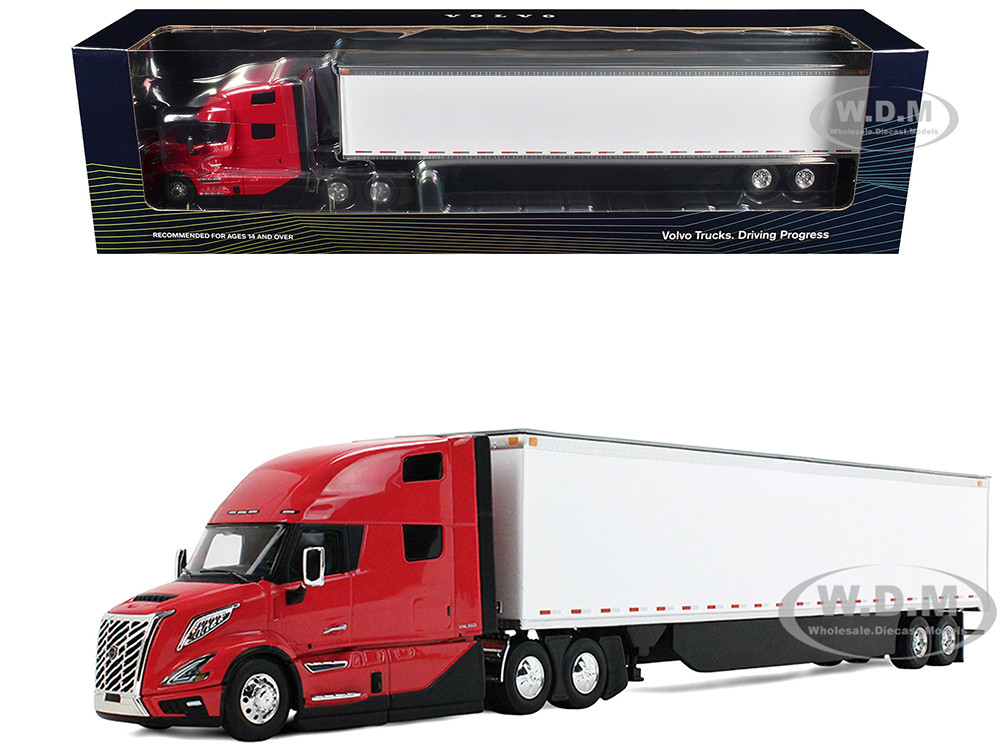 Volvo VNL 860 High-Roof Sleeper and 53' Trailer with Skirts Red with White Trailer 1/50 Diecast Model by First Gear diecast model
