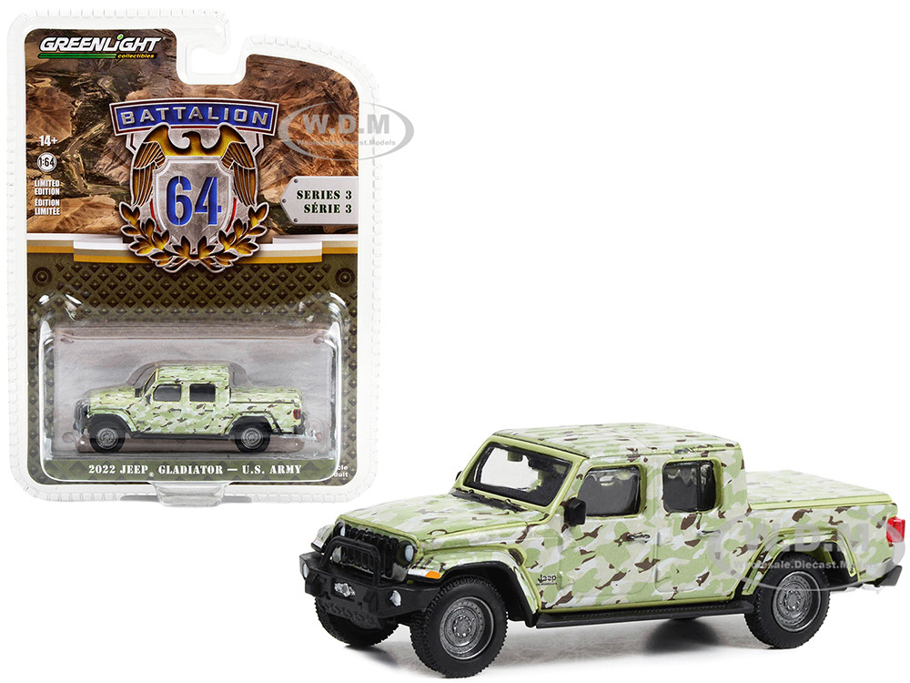 2022 Jeep Gladiator Pickup Truck "U.S. Army" Military-Spec Camouflage "Battalion 64" Series 3 1/64 Diecast Model Car by Greenlight diecast model