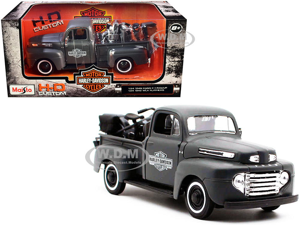 1948 Ford F-1 Pickup Truck and 1942 Harley-Davidson WLA Flathead Motorcycle Matt Dark Gray "Harley-Davidson Custom" 1/24 Diecast Models by Maisto diecast model