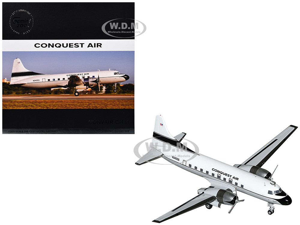 Convair C-131 Commercial Aircraft "Conquest Air Cargo" (N342GS) White with Black Tail Stripes "Gemini 200" Series 1/200 Diecast Model Airplane by GeminiJets diecast model