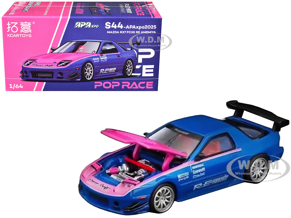 Mazda RX7 (FC3S) RE Amemiya RHD (Right Hand Drive) Blue Metallic with Pink Hood "APA XPO 2025 Exclusive" 1/64 Diecast Model Car by Pop Race diecast model