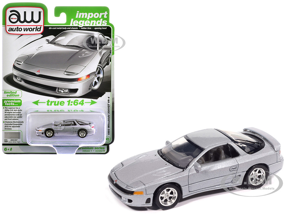 1993 Mitsubishi 3000GT VR-4 Zurich White Silver Metallic "Import Legends" Series 1/64 Diecast Model Car by Auto World diecast model