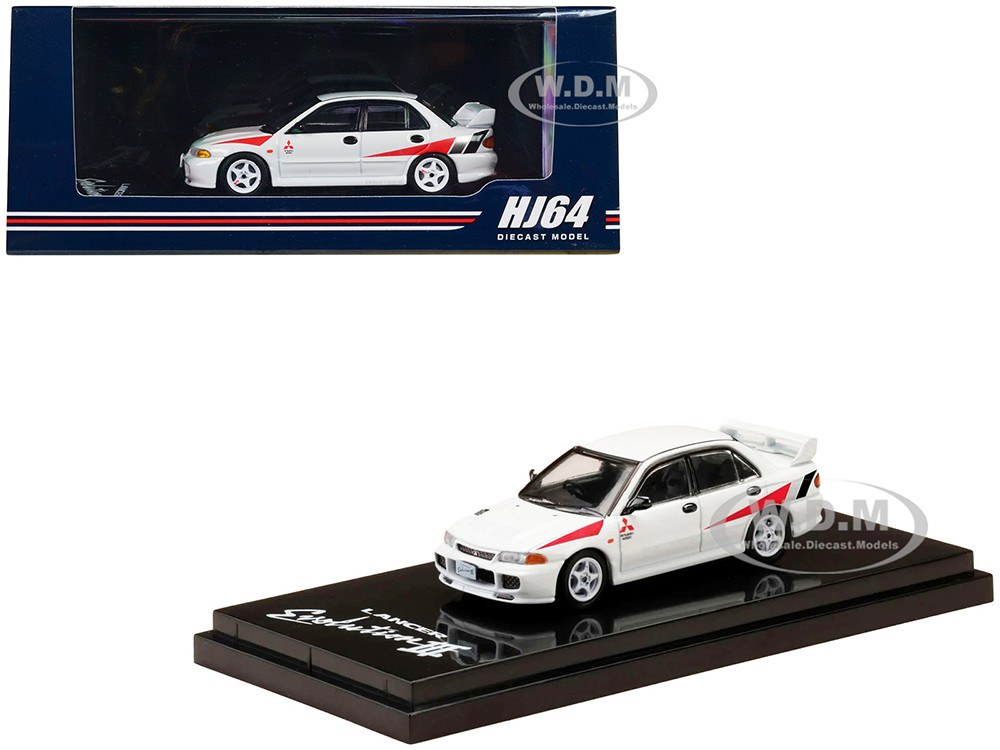 Mitsubishi Lancer RS Evolution III RHD (Right Hand Drive) Scortia White with Red Rally Stripes 1/64 Diecast Model Car by Hobby Japan diecast model