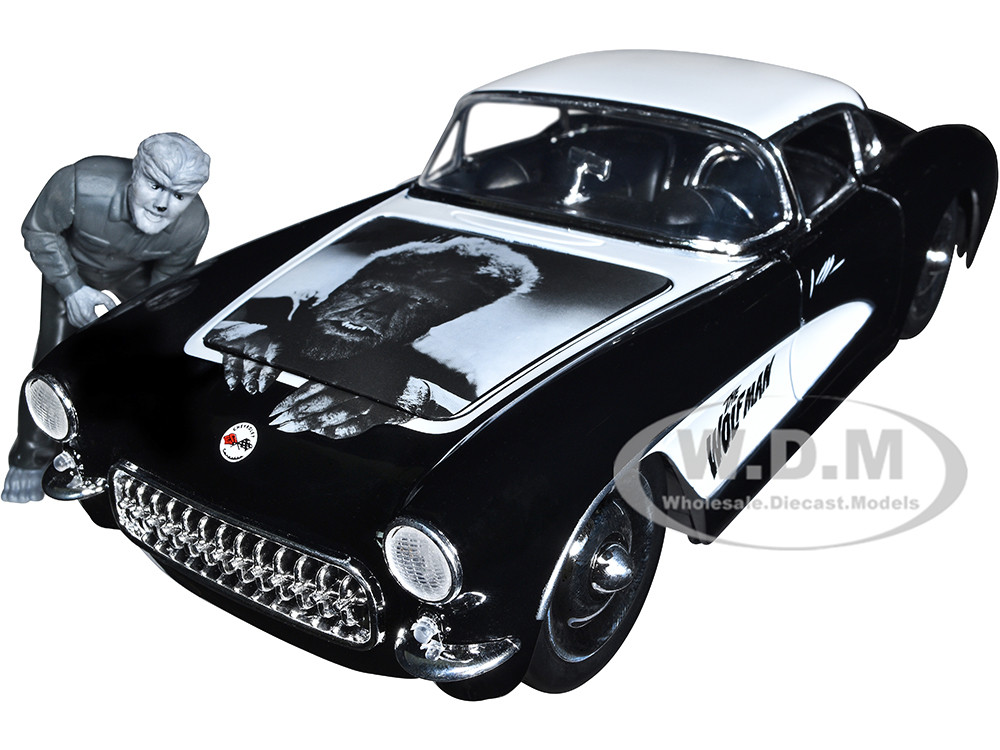 1957 Chevrolet Corvette Black with White Top and Wolfman Diecast Figure "Universal Monsters" "Hollywood Rides" Series 1/24 Diecast Model Car by Jada diecast model