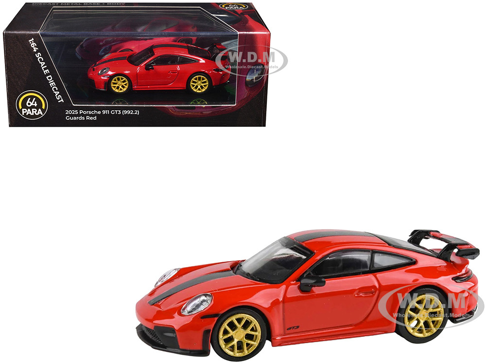 2025 Porsche 911 GT3 (992.2) Guards Red with Carbon Stripe and Gold Wheels 1/64 Diecast Model Car by Paragon Models diecast model