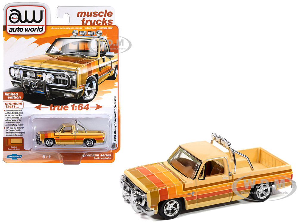 1981 Chevrolet Silverado Fleetside Pickup Truck Cream with Stripes "Hobby Exclusive" Series 1/64 Diecast Model Car by Auto World diecast model