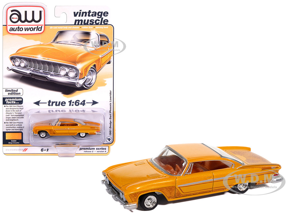 1961 Dodge Dart Phoenix Lowrider Mango Smoothie Metallic with Graphics and Orange Interior "Vintage Muscle" Series 1/64 Diecast Model Car by Auto World diecast model