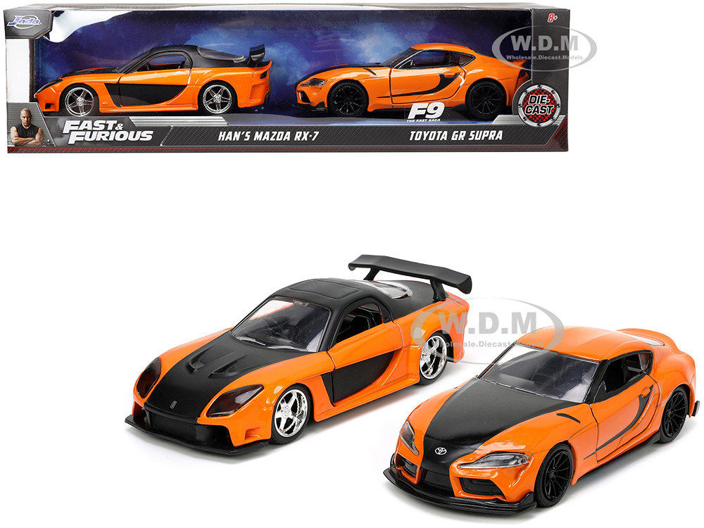 Han's Mazda RX-7 Orange Metallic and Matt Black and Toyota GR Supra Orange Metallic with Black Hood Set of 2 pieces "Fast & Furious" Series 1/32 Diecast Model Cars by Jada diecast model