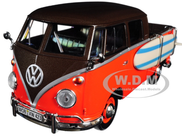 Volkswagen Type 2 (T1) Pickup with Surfboard Brown and Orange 1/24 Diecast Model Car by Motormax diecast model
