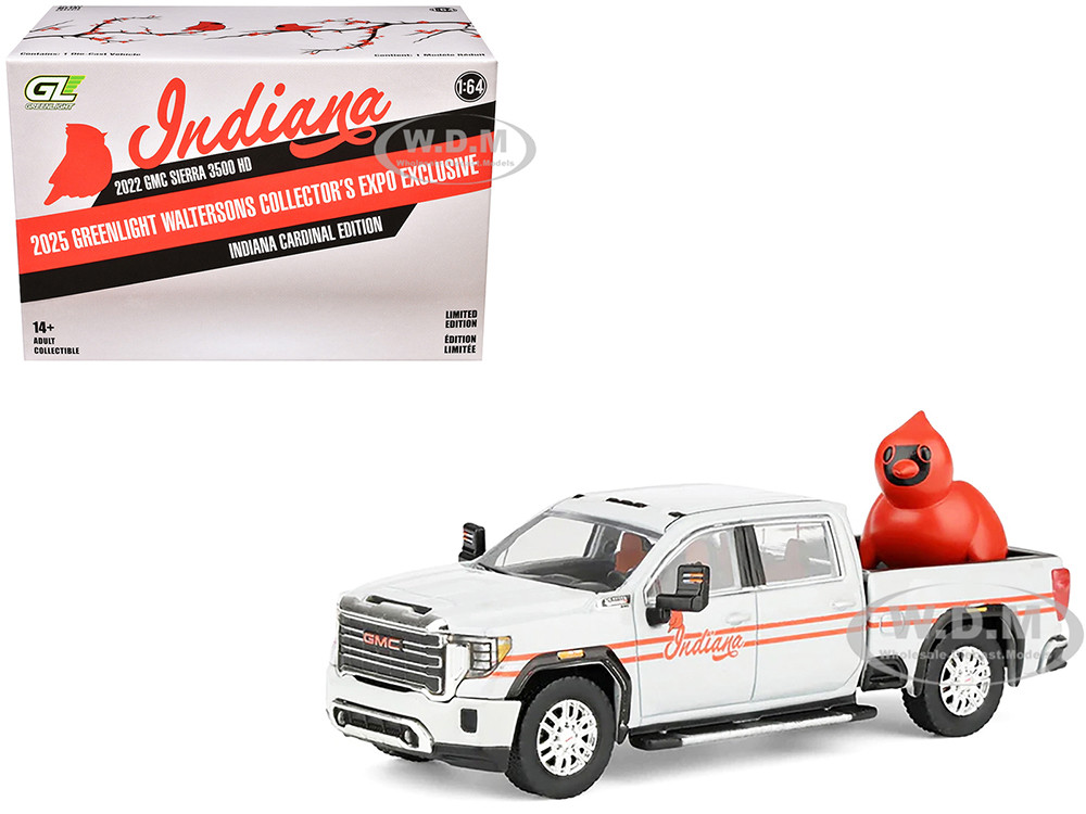 2022 GMC Sierra 3500 HD Pickup Truck "Indiana Cardinals" Silver Metallic with Red Stripes and Cardinal Figure "2025 Greenlight Waltersons Collector's Expo Exclusive" 1/64 Diecast Model Car by Greenlight diecast model