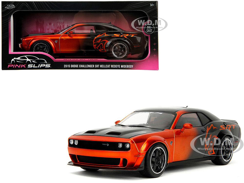 Dodge Challenger SRT Hellcat Orange Metallic and Black "Pink Slips" Series 1/18 Diecast Model Car by Jada diecast model