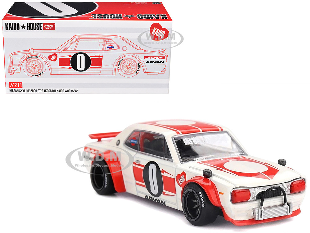 Nissan Skyline 2000GT-R (KPGC10) "Kaido Works V2" RHD (Right Hand Drive) White with Red Stripes (Designed by Jun Imai) "Kaido House" Special 1/64 Diecast Model Car by Mini GT diecast model