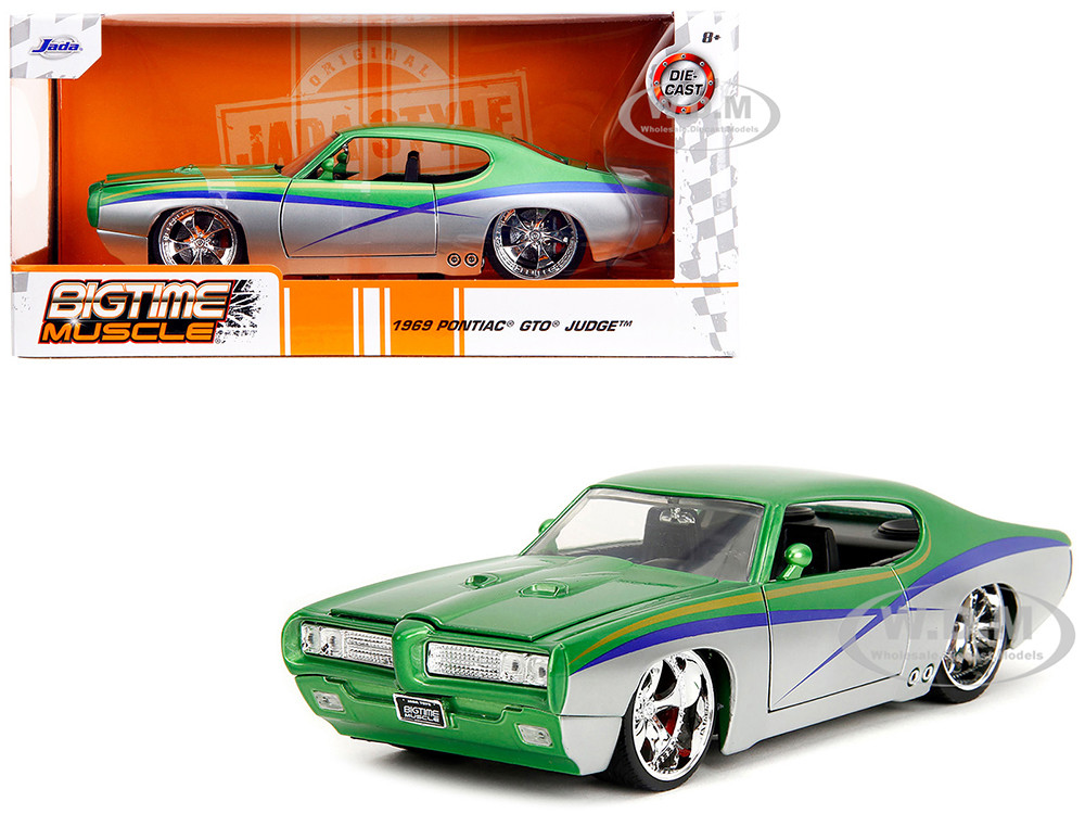 1969 Pontiac GTO Judge Green Metallic and Silver with Stripes "Bigtime Muscle" Series 1/24 Diecast Model Car by Jada diecast model