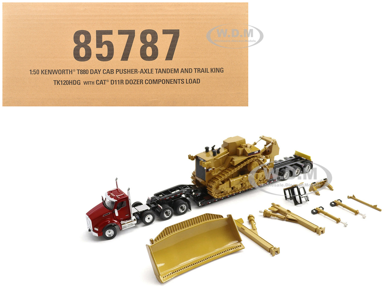 Kenworth T880 Day Cab Red and Trail King TK120 Lowboy Trailer with CAT Caterpillar D11R Dozer and Components Load "Transport Series" 1/50 Diecast Model by Diecast Masters diecast model