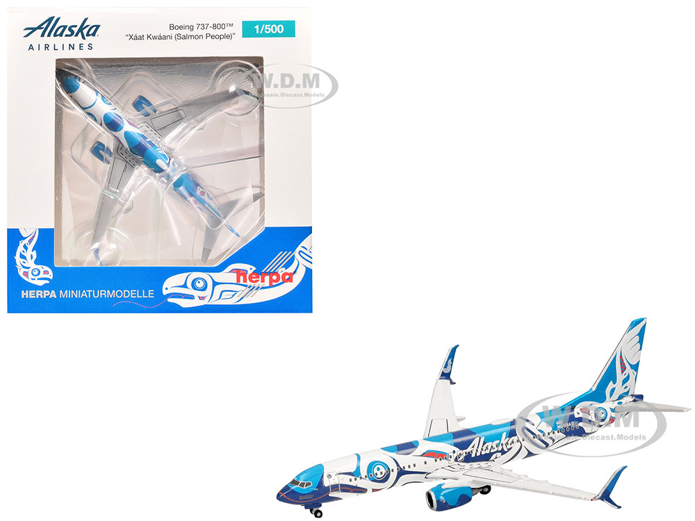 Boeing 737-800 Commercial Aircraft "Alaska Airlines - Salmon People Livery" (N559AS) Blue and White 1/500 Diecast Model Airplane by Herpa diecast model