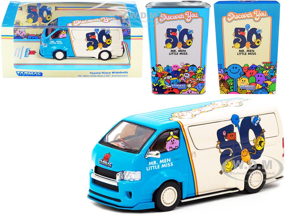 Toyota Hiace Widebody Van "Mr. Men Little Miss 50th Anniversary" (1971-2021) with METAL OIL CAN 1/64 Diecast Model Car by Tarmac Works diecast model