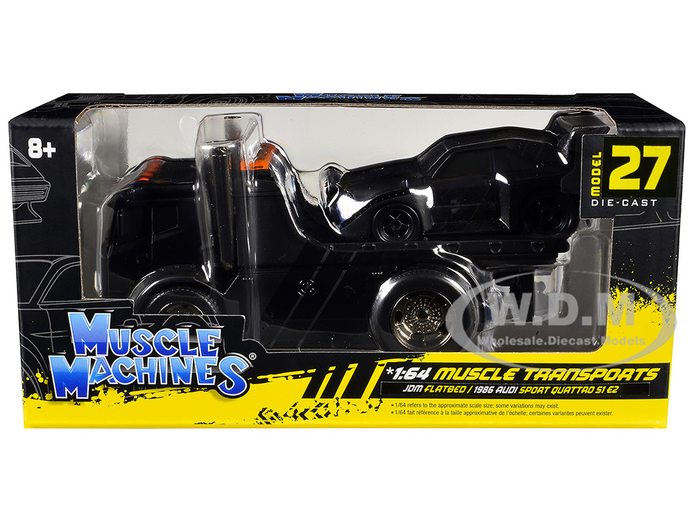 JDM Flatbed Truck Matt Black and 1986 Audi Sport Quattro S1 E2 Matt Black "Muscle Transports" Series 1/64 Diecast Models by Muscle Machines diecast model