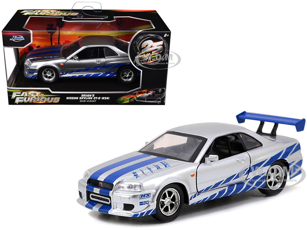 Brian's Nissan Skyline GT-R (R34) RHD (Right Hand Drive) Silver Metallic with Blue Stripes "2 Fast 2 Furious" (2003) Movie "Fast & Furious 25th Anniversary" Series 1/32 Diecast Model Car by Jada diecast model