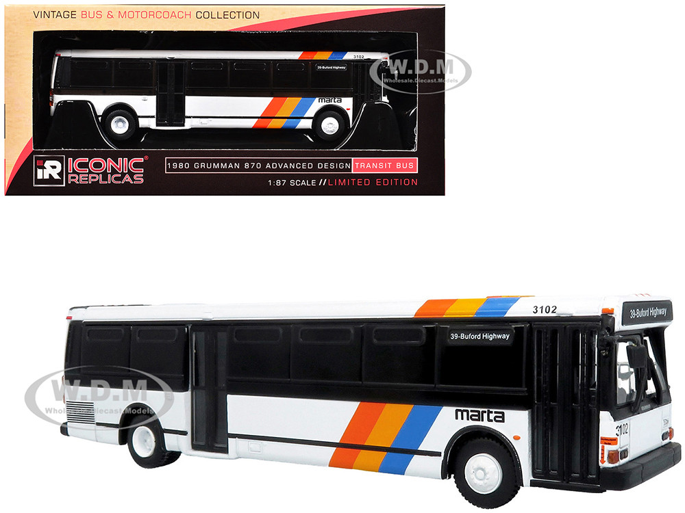 1980 Grumman 870 Advanced Design Transit Bus "MARTA Atlanta" White with Stripes "Vintage Bus & Motorcoach Collection" Limited Edition 1/87 (HO) Diecast Model by Iconic Replicas diecast model