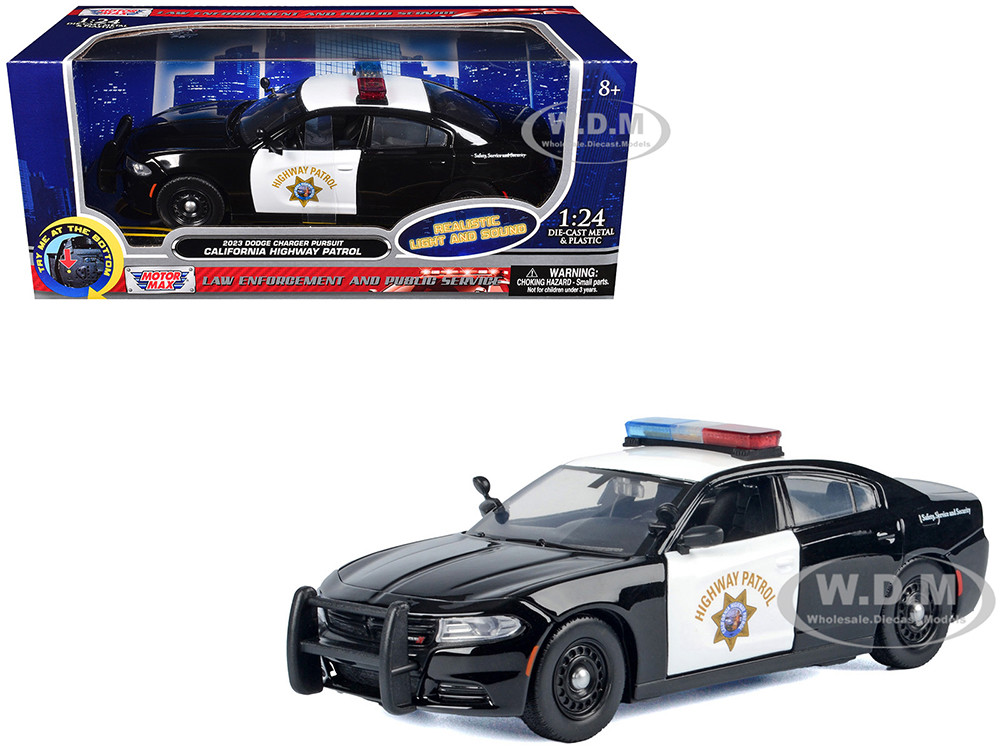 2023 Dodge Charger Pursuit Police Car "California Highway Patrol (CHP)" Black and White with Flashing Light Bar and Front and Rear Lights and Sounds 1/24 Diecast Model Car by Motormax diecast model