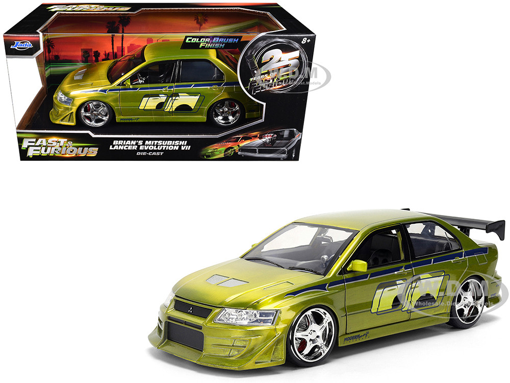 Brian's Mitsubishi Lancer Evolution VII Green Color Brush Finish "2 Fast 2 Furious" (2003) Movie "25 Years of Fast & Furious" Series 1/24 Diecast Model Car by Jada diecast model