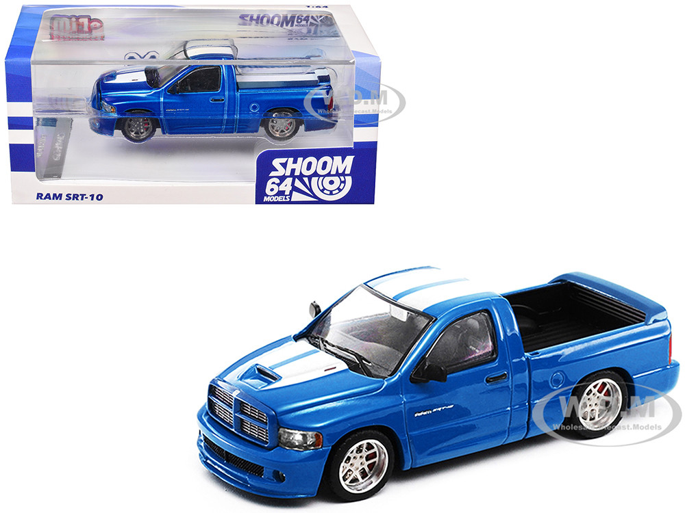 2003 Dodge Ram SRT-10 Pickup Truck Electric Blue Metallic with White Stripes 1/64 Diecast Model Car by Shoom64 Models diecast model
