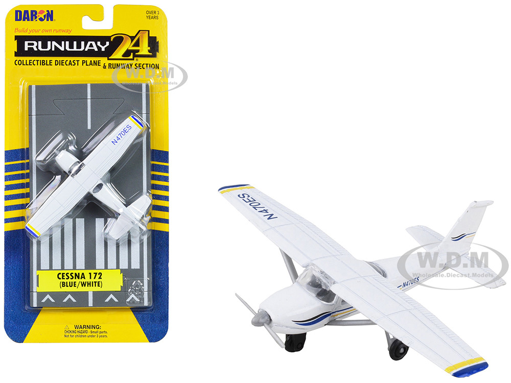 Cessna 172 Aircraft White with Blue and Yellow Stripes "N470ES" with Runway Section Diecast Model Airplane by Runway24 diecast model