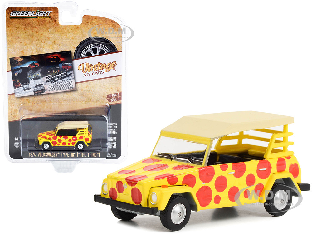 1974 Volkswagen Thing Type 181 Yellow with Red Polka Dots "Volkswagen Presents The Thing. It Can Be Anything!!!" "Vintage Ad Cars" Series 8 1/64 Diecast Model Car by Greenlight diecast model