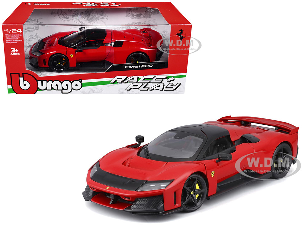 Ferrari F80 Red with Black Top "Race + Play" Series 1/24 Diecast Model Car by Bburago diecast model