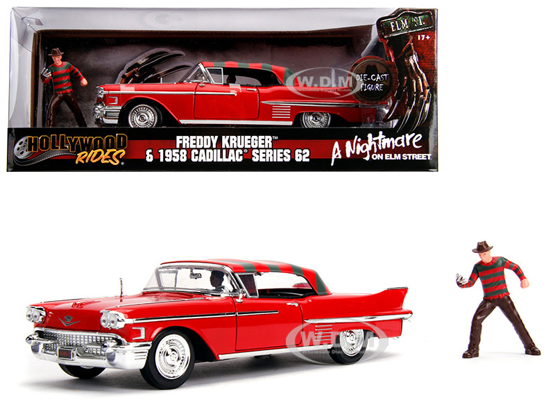 1958 Cadillac Series 62 Red with Freddy Krueger Diecast Figurine "A Nightmare on Elm Street" Movie 1/24 Diecast Model Car by Jada diecast model