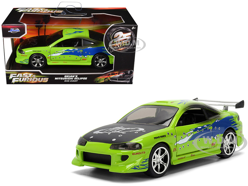 Brian's Mitsubishi Eclipse Green with Graphics (Damaged Version) "25 Years of Fast & Furious" "The Fast and the Furious" (2001) Movie 1/32 Diecast Model Car by Jada diecast model
