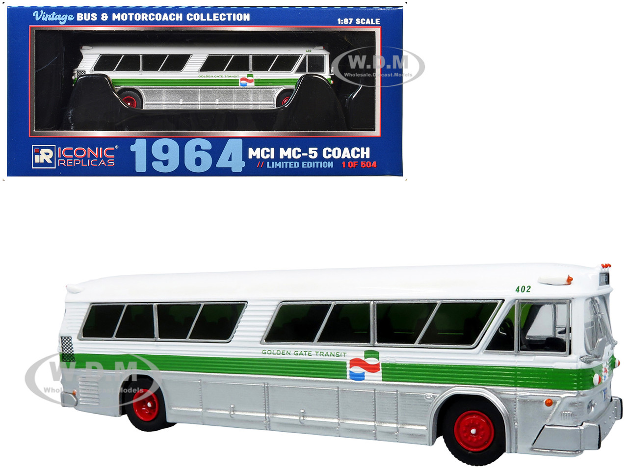 1964 MCI MC-5A Coach Bus "Golden Gate Transit" White with Green Stripes "Vintage Bus & Motorcoach Collection" Limited Edition to 504 pieces Worldwide 1/87 (HO) Diecast Model by Iconic Replicas diecast model