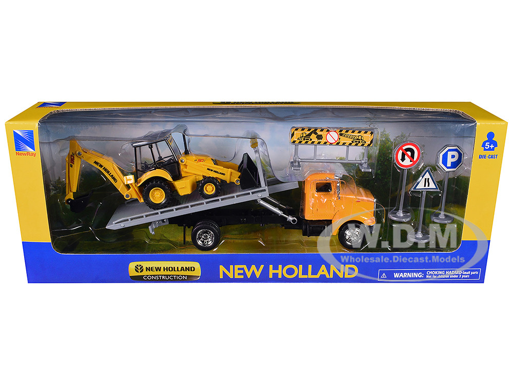 Peterbilt 335 Roll-Off Flatbed Truck and New Holland B110C Backhoe Loader with Street Signs "New Holland Construction" Diecast Models by New Ray diecast model
