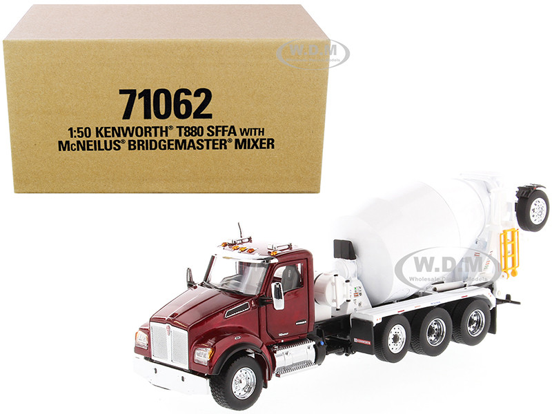 Kenworth T880 SFFA with McNeilus Bridgemaster Mixer Truck Radiant Red and White 1/50 Diecast Model by Diecast Masters diecast model
