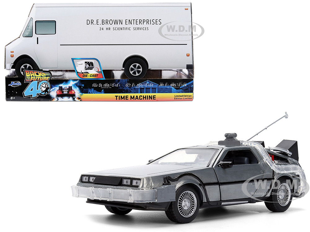 DeLorean Brushed Metal Time Machine with Lights "Back to the Future" (1985) Movie "40th Anniversary" Special Packaging "Hollywood Rides" Series 1/24 Diecast Model Car by Jada diecast model