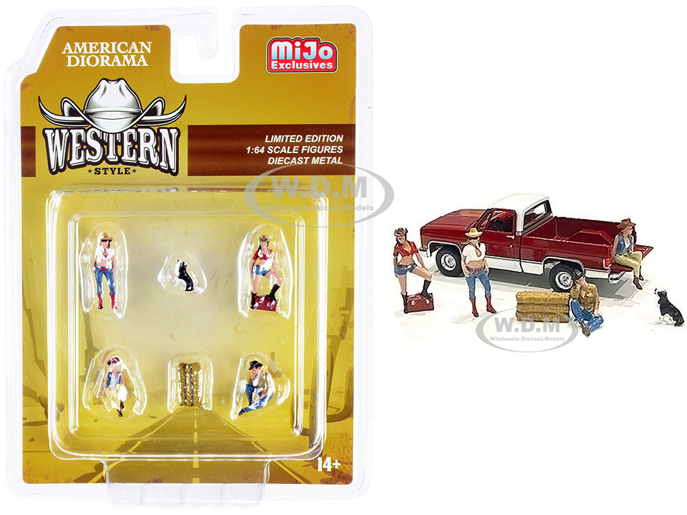 "Western Style" 6 piece Diecast Set (4 Figurines and 2 Accessories) for 1/64 Scale Models by American Diorama diecast model