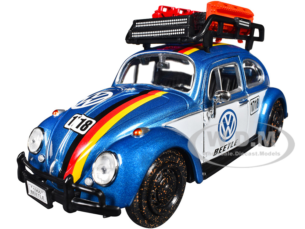 1966 Volkswagen Beetle Off Road #1718 Blue Metallic and White with German Flag Stripes and Roof Rack Accessories 1/24 Diecast Model Car by Motormax diecast model