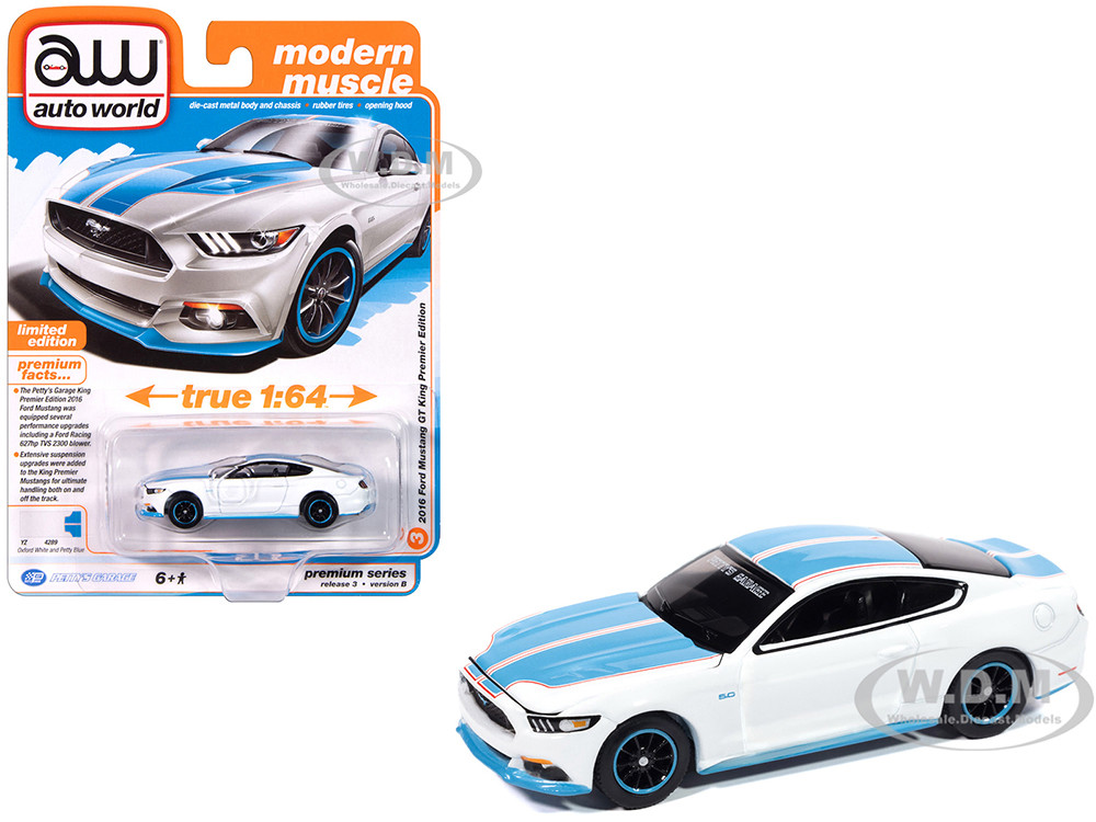 2016 Ford Mustang GT King Premier Edition "Petty's Garage" Oxford White with Petty Blue Stripes "Modern Muscle" Series 1/64 Diecast Model Car by Auto World diecast model