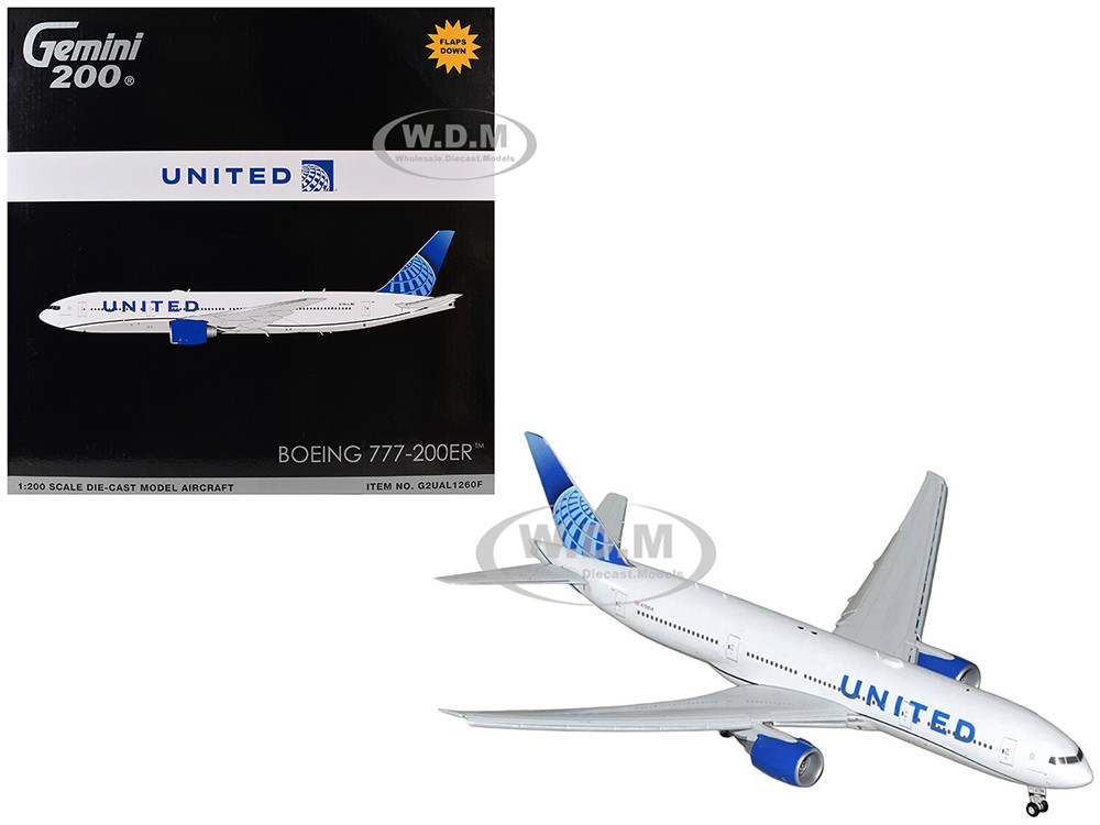 Boeing 777-200ER Commercial Aircraft with Flaps Down "United Airlines" (N798UA) White with Blue Tail "Gemini 200" Series 1/200 Diecast Model Airplane by GeminiJets diecast model
