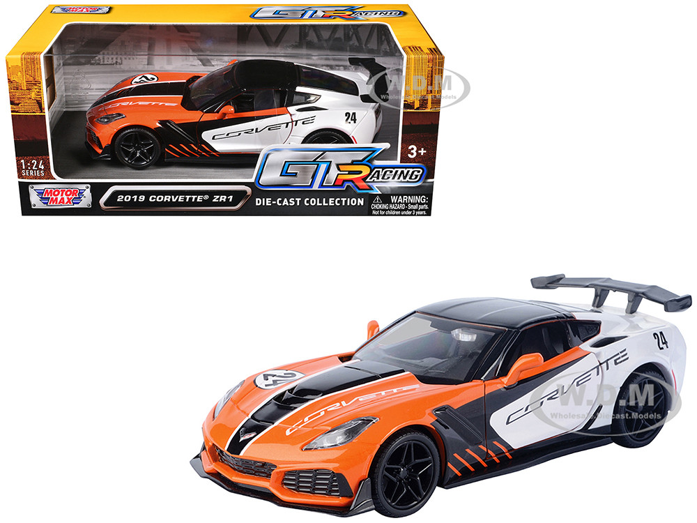2019 Chevrolet Corvette ZR1 #24 Orange and White with Black Graphics "GT Racing" Series 1/24 Diecast Model Car by Motormax diecast model