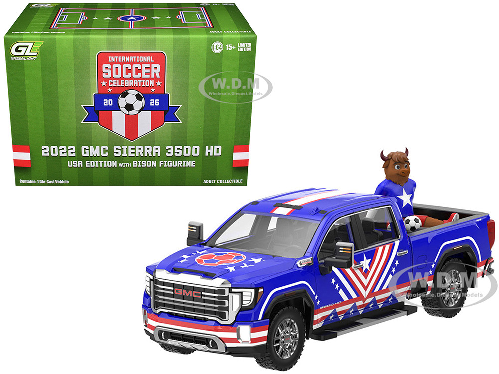 2022 GMC Sierra 3500 HD Pickup Truck Blue with American Soccer Graphics with Bison Figure "International Soccer Celebration '26" Series 1/64 Diecast Model Car by Greenlight diecast model