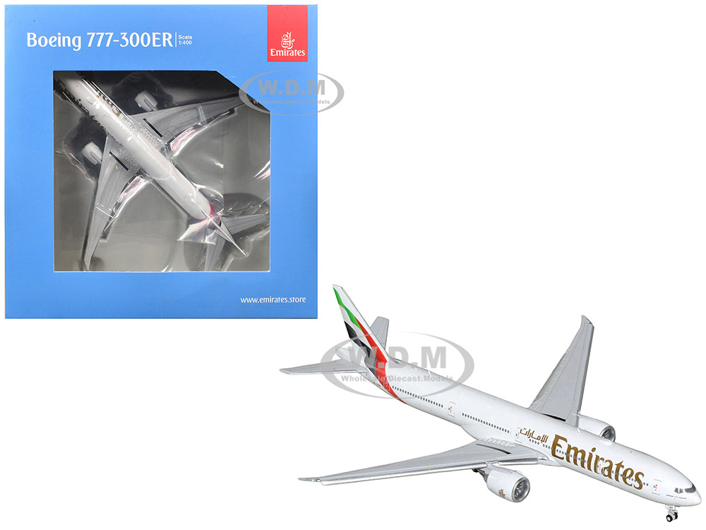 Boeing 777-300ER Commercial Aircraft with Flaps Down "Emirates Airlines" (A6-EQH) White with Striped Tail 1/400 Diecast Model Airplane by GeminiJets diecast model