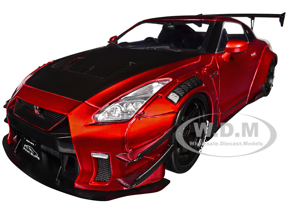 Nissan GT-R (R35) Liberty Walk Body Kit 2.0 RHD (Right Hand Drive) Red Metallic with Carbon Hood "Pink Slips" Series 1/18 Diecast Model Car by Jada diecast model