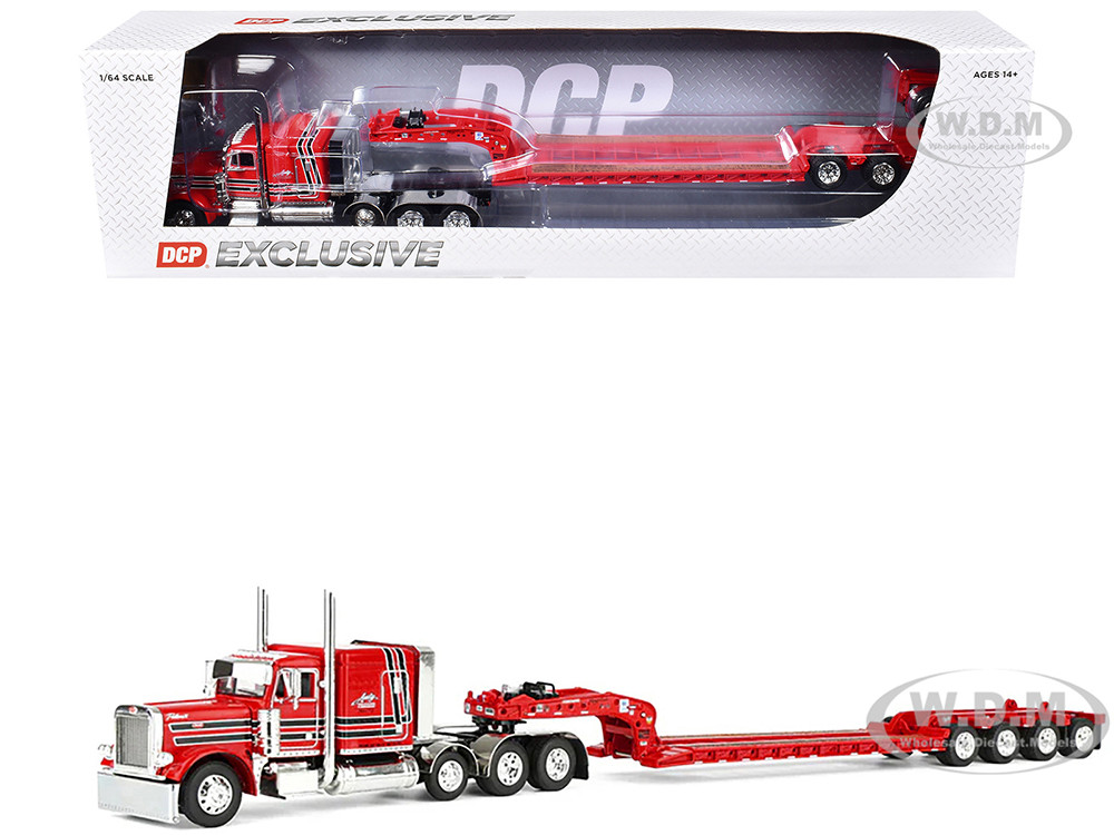 Peterbilt 379 with 63" Flat Top Sleeper and Fontaine Magnitude Lowboy Trailer with Fliptail "Anty Trucking & Rigging" Red with Black Stripes 1/64 Diecast Model by DCP/First Gear diecast model