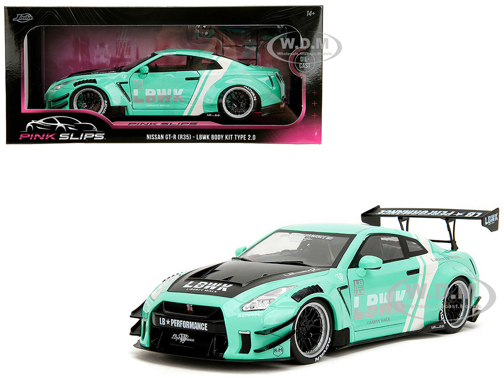 Nissan GT-R (R35) Liberty Walk Body Kit 2.0 RHD (Right Hand Drive) Light Blue with Black Hood and White Stripes "Pink Slips" Series 1/18 Diecast Model Car by Jada diecast model