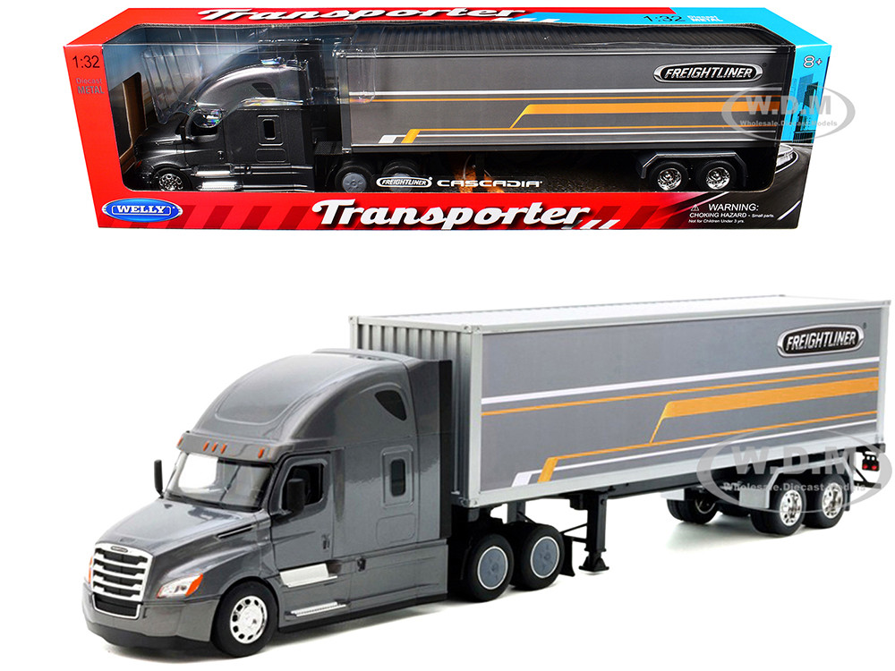 Freightliner Cascadia Truck Gray Metallic with Gray Container with Graphics "Transporter" Series 1/32 Diecast Model by Welly diecast model
