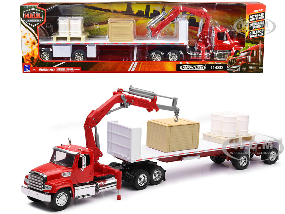 Freightliner 114SD Flatbed Truck with Crane Red with Accessories "Long Haul Trucker" Series 1/32 Diecast Model by New Ray diecast model