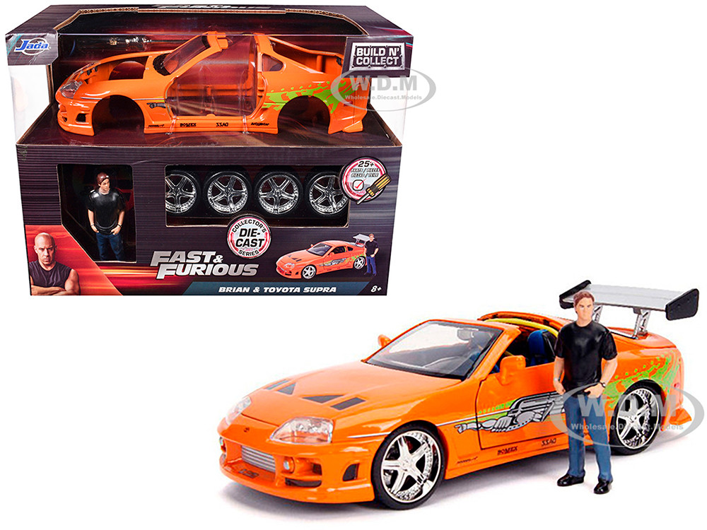 Model Kit Toyota Supra Metallic Orange with Brian Diecast Figure "Fast & Furious" Movie "Build N' Collect" 1/24 Diecast Model Car by Jada diecast model