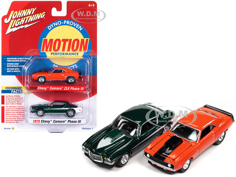 1969 Chevrolet Camaro ZLX Phase III Hugger Orange with Black Stripes and 1973 Chevrolet Camaro Phase III Dark Green Metallic and White "Baldwin Motion" Set of 2 Cars 1/64 Diecast Model Cars by Johnny Lightning diecast model