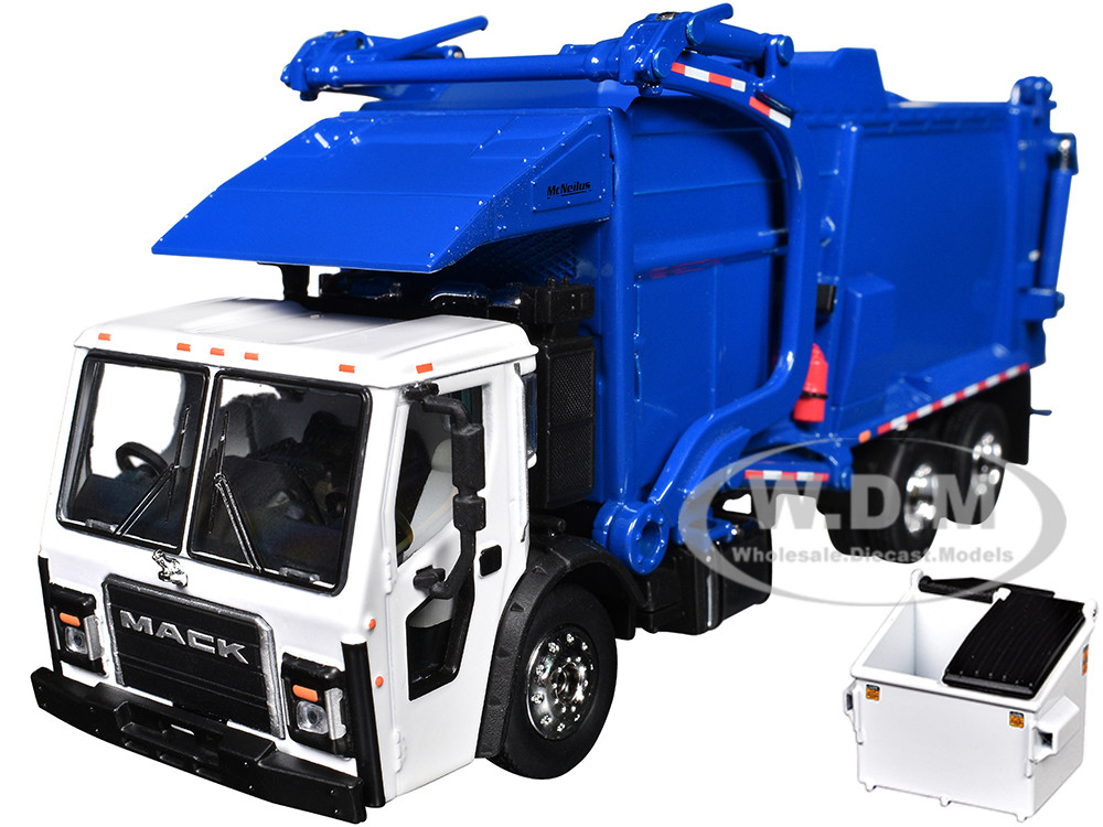 Mack LR Refuse Garbage Truck with McNeilus Meridian Front Loader White and Blue with Trash Bin 1/64 Diecast Model by DCP/First Gear diecast model